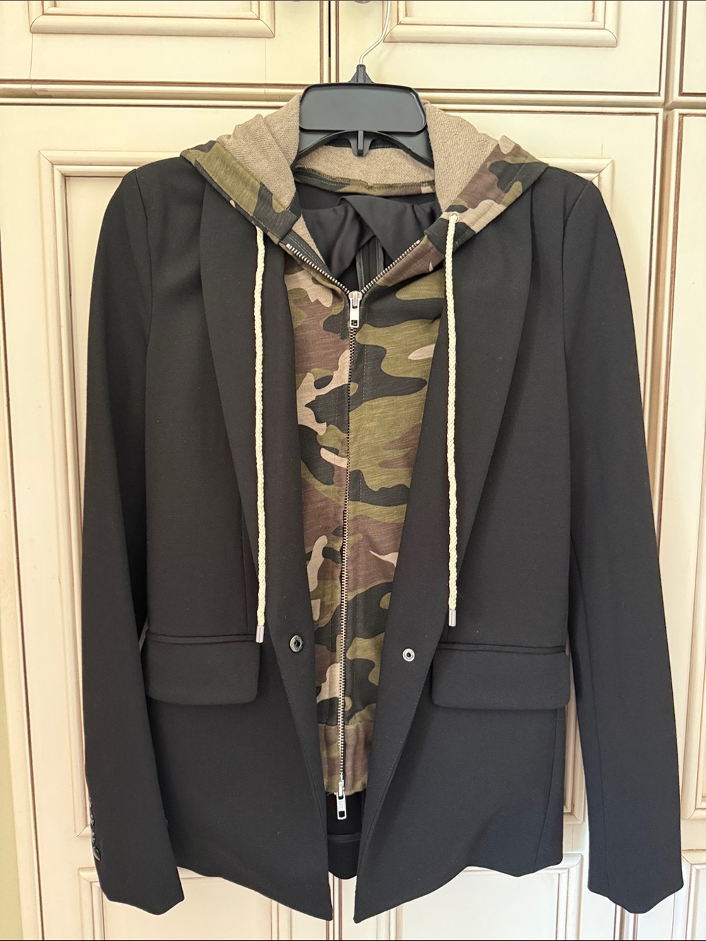 Central Park West Black Blazer with Olive Camo Removable Hoodie